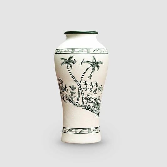 Tribal Serenity' Terracotta Vase With Warli Hand-Painting (8 Inches) - ArtyCraftz.com