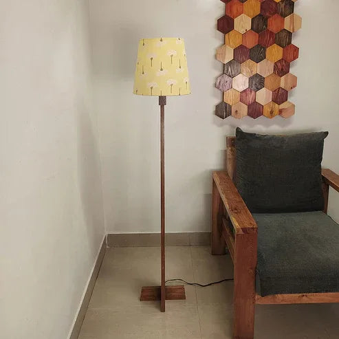 Trigo Wooden Floor Lamp with Brown Base and Yellow Printed Fabric Lampshade - ArtyCraftz.com