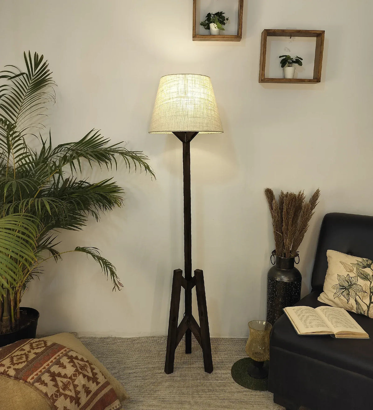 Troika Wooden Floor Lamp with Brown Base and Beige Fabric Lampshade - ArtyCraftz.com