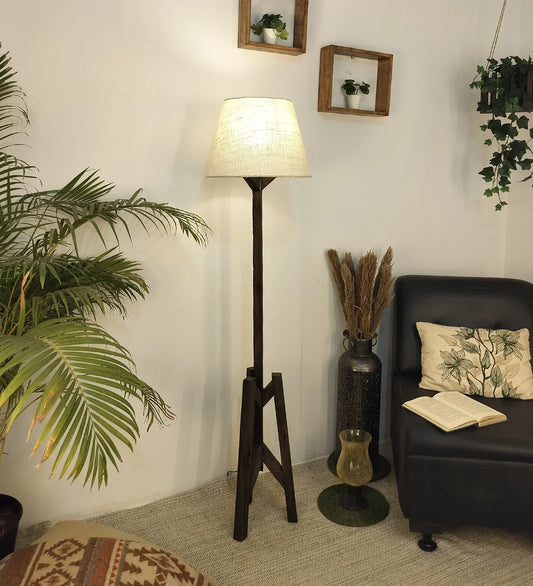 Troika Wooden Floor Lamp with Brown Base and Beige Fabric Lampshade - ArtyCraftz.com
