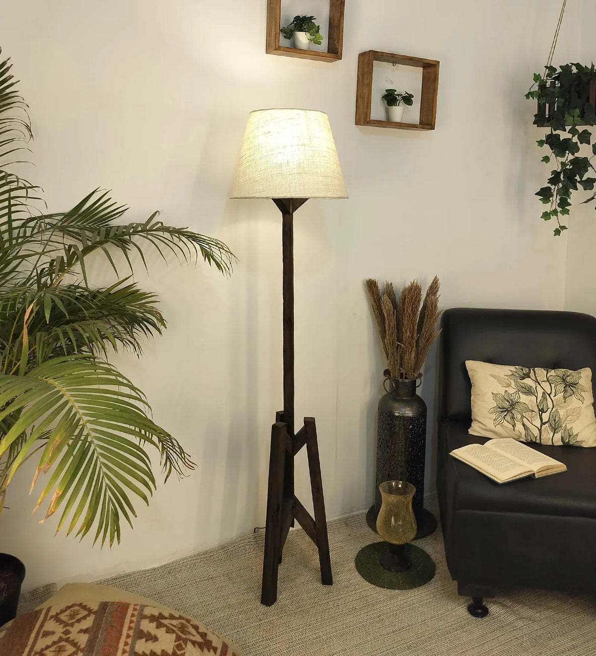 Troika Wooden Floor Lamp with Brown Base and Beige Fabric Lampshade - ArtyCraftz.com