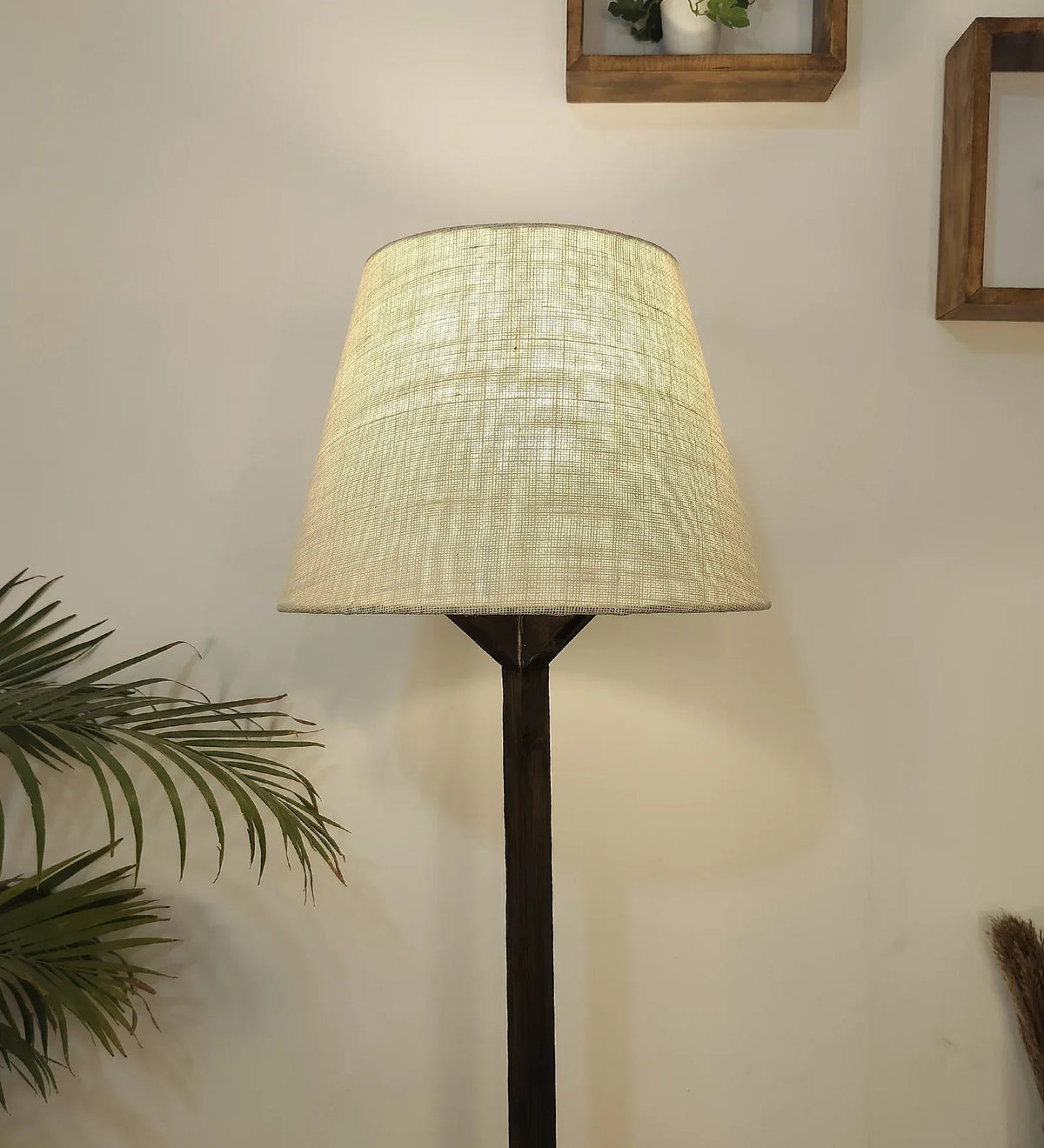 Troika Wooden Floor Lamp with Brown Base and Beige Fabric Lampshade - ArtyCraftz.com