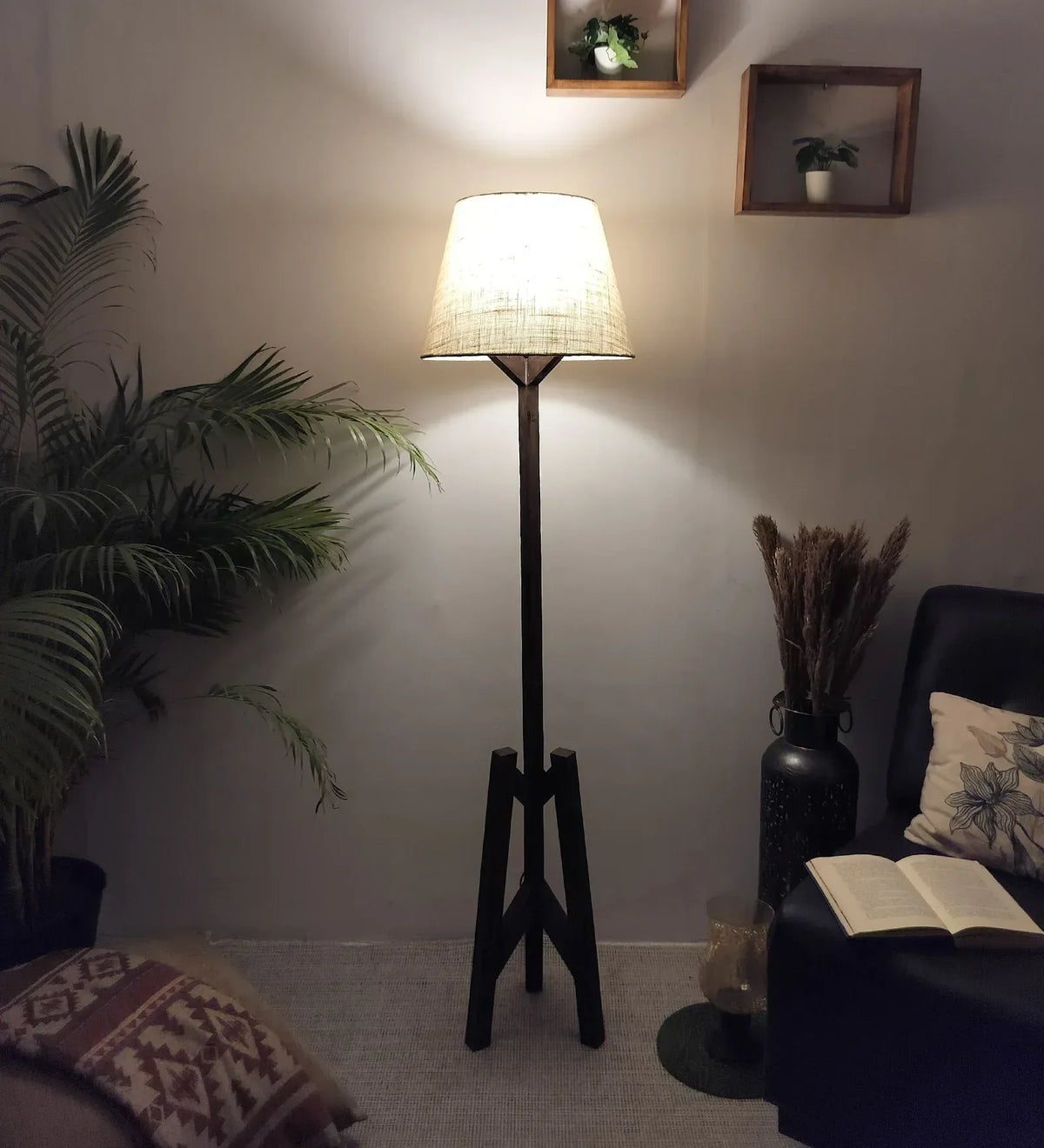 Troika Wooden Floor Lamp with Brown Base and Beige Fabric Lampshade - ArtyCraftz.com