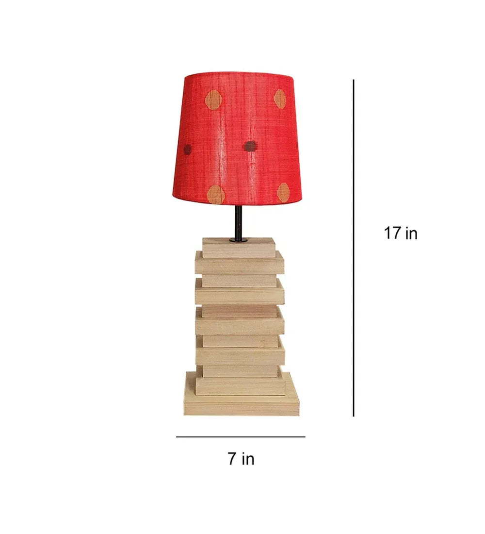Truffle Beige Wooden Table Lamp with Red Printed Fabric Lampshade - ArtyCraftz.com