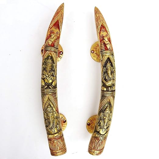 Tuskar Ganesha Carving Brass Door Handle Set of 2 Piece 5 x 5 x 27.5 Cm - ArtyCraftz.com