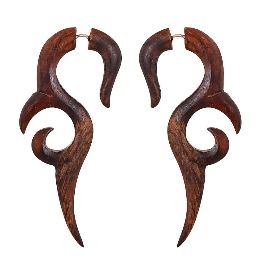 Twirl Spiral Fake Gauges Wooden Earrings- 2.7" - ArtyCraftz.com