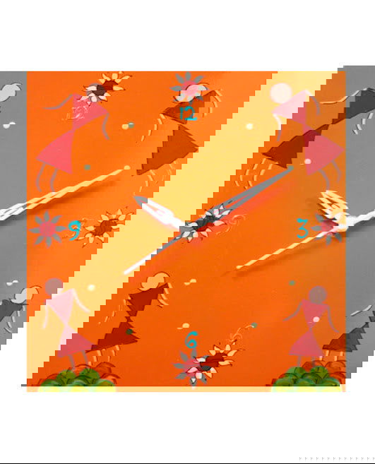 Unique Orange Wall Clock With Warli Hand Painted - ArtyCraftz.com