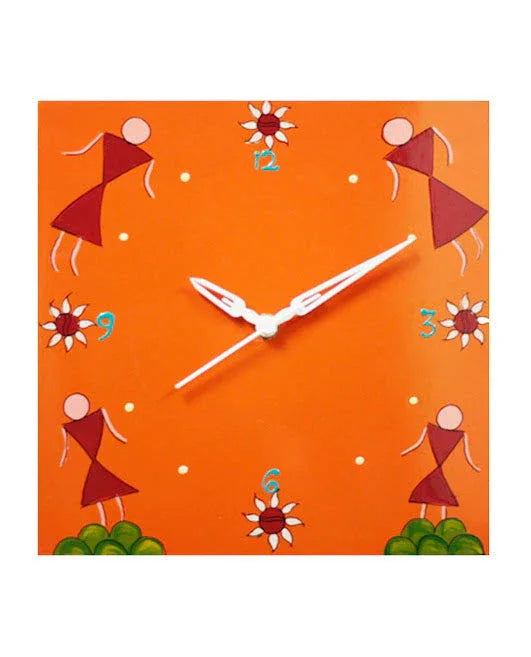 Unique Orange Wall Clock With Warli Hand Painted - ArtyCraftz.com