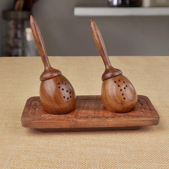 Unique Slanting Salt & Pepper Shaker With Tray In Sheesham Wood