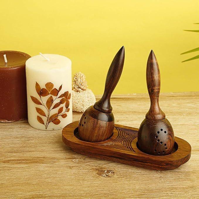 Unique Slanting Salt & Pepper Shaker With Tray In Sheesham Wood