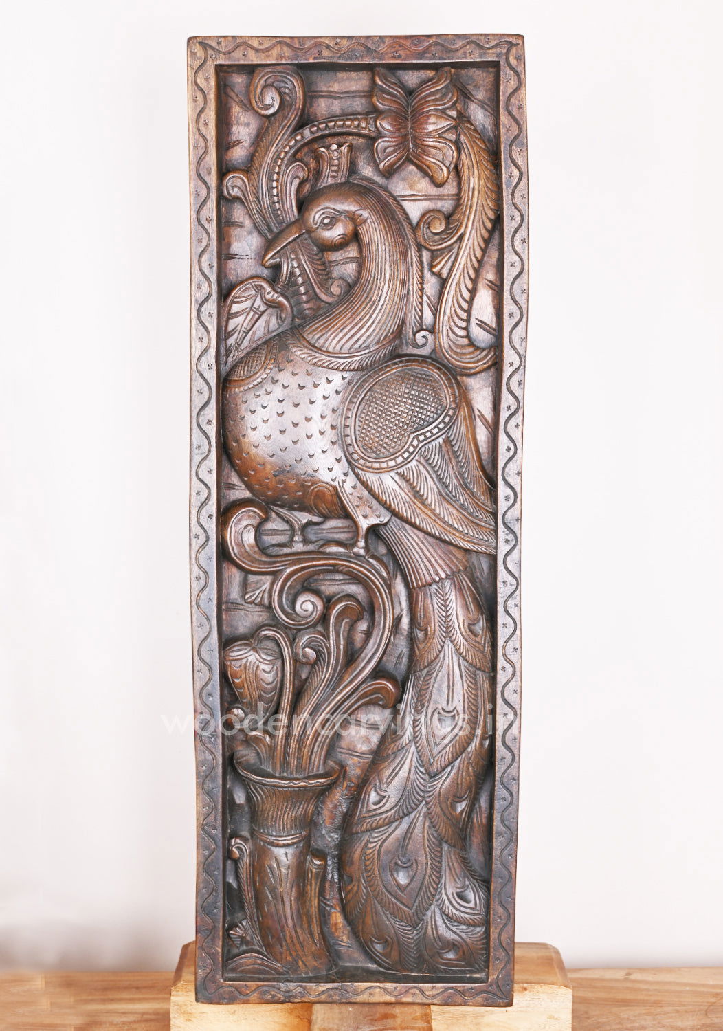 Vertical Standing Peacock Beautifully Handmade With Wax Brown Finishing Wooden Panel 36 inches - ArtyCraftz.com