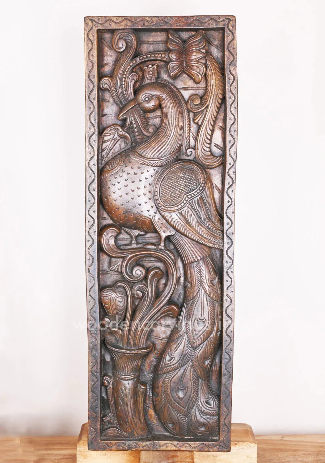 Vertical Standing Peacock Beautifully Handmade With Wax Brown Finishing Wooden Panel 36 inches - ArtyCraftz.com