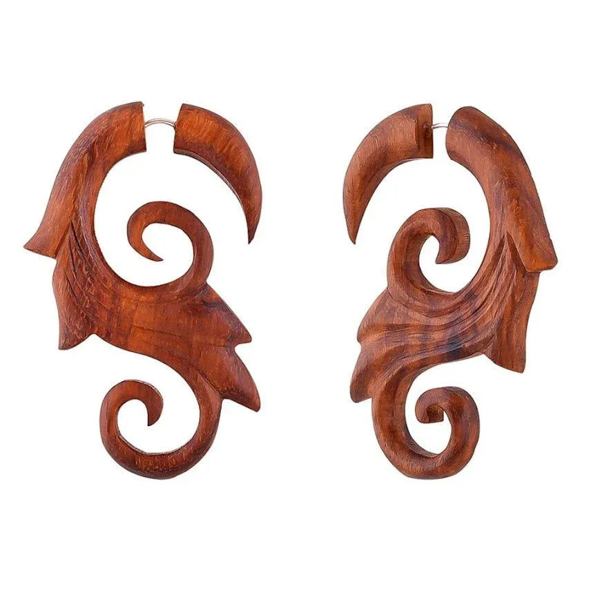 Vine Ripe Carved Tribal Big Fake Gauge Spiral Earrings 2.9" - ArtyCraftz.com