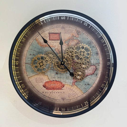 vintage world map wall clock with gears-ArtyCraftz.com