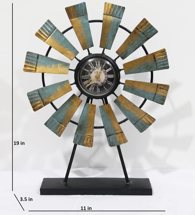 Vintage windmill table clock with distressed blue and gold metal blades and Roman numeral clock face-ArtyCraftz.com