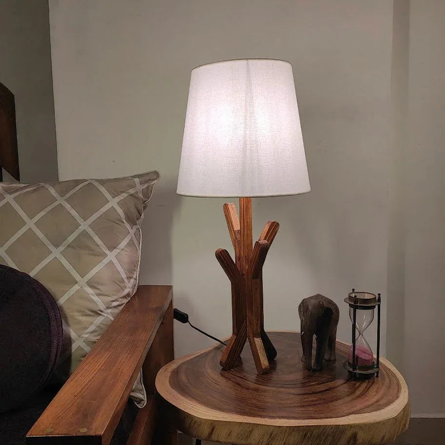 Vrikshya Wooden Table Lamp with Brown Base and Premium White Fabric Lampshade - ArtyCraftz.com