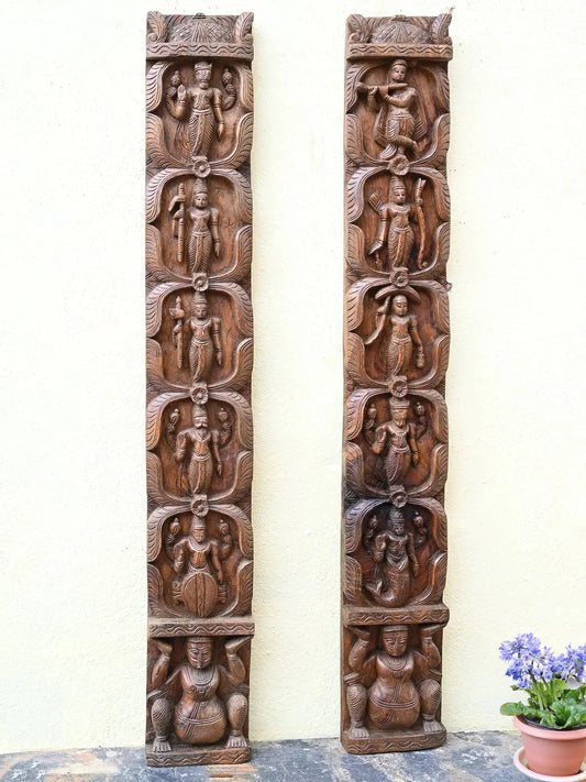 Handcarved Dasavatar Vertical Teak Wood Wall Panel-ArtyCraftz.com