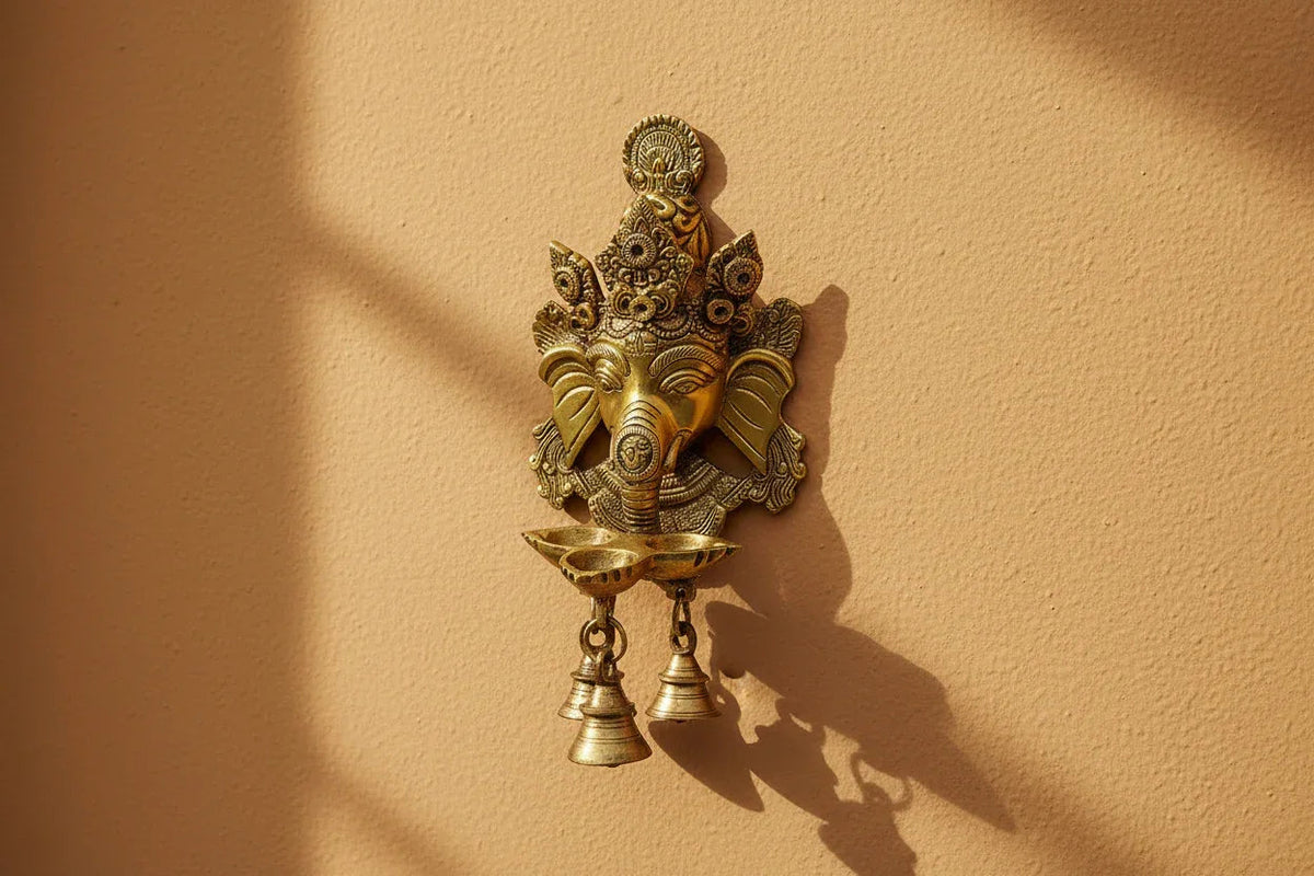 Brass Ganesh Wall Hanging with 3 Diyas & Bells - ArtyCraftz.com