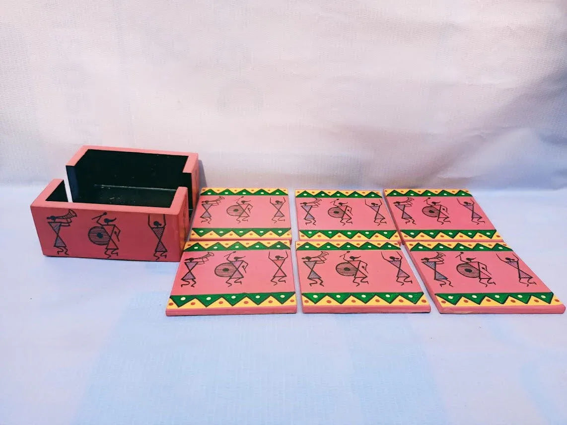 Warli Art Wooden Coaster Set of 6 - ArtyCraftz.com