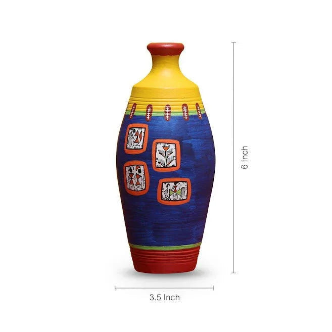 Warli In Frames' Elongated Neck Tapered Terracotta Vase (6 Inch)- Flower Vase - ArtyCraftz.com