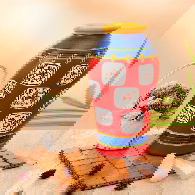 Warli In Frames' Elongated Urn Shaped Terracotta Vase (8 Inch) - ArtyCraftz.com