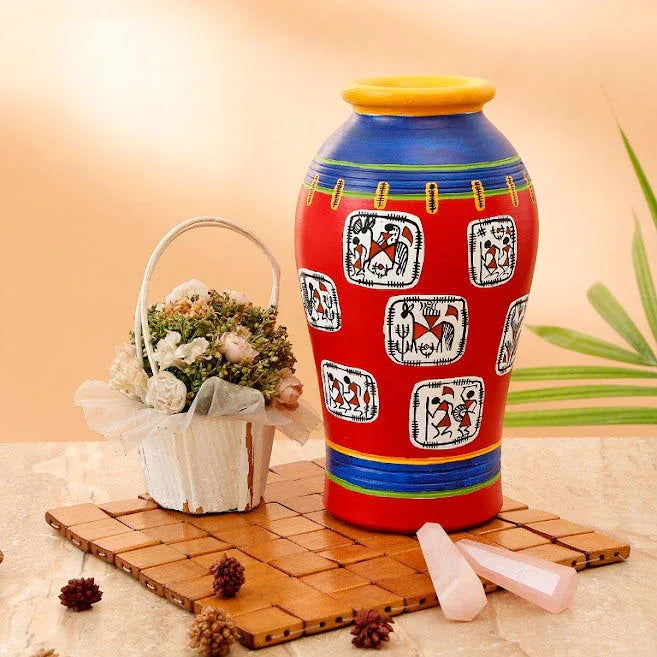 Warli In Frames' Elongated Urn Shaped Terracotta Vase (8 Inch) - ArtyCraftz.com