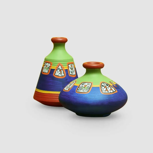Warli Terracotta Flower Pots In Pastel Blue and Leafy Green (Set Of 2) - ArtyCraftz.com