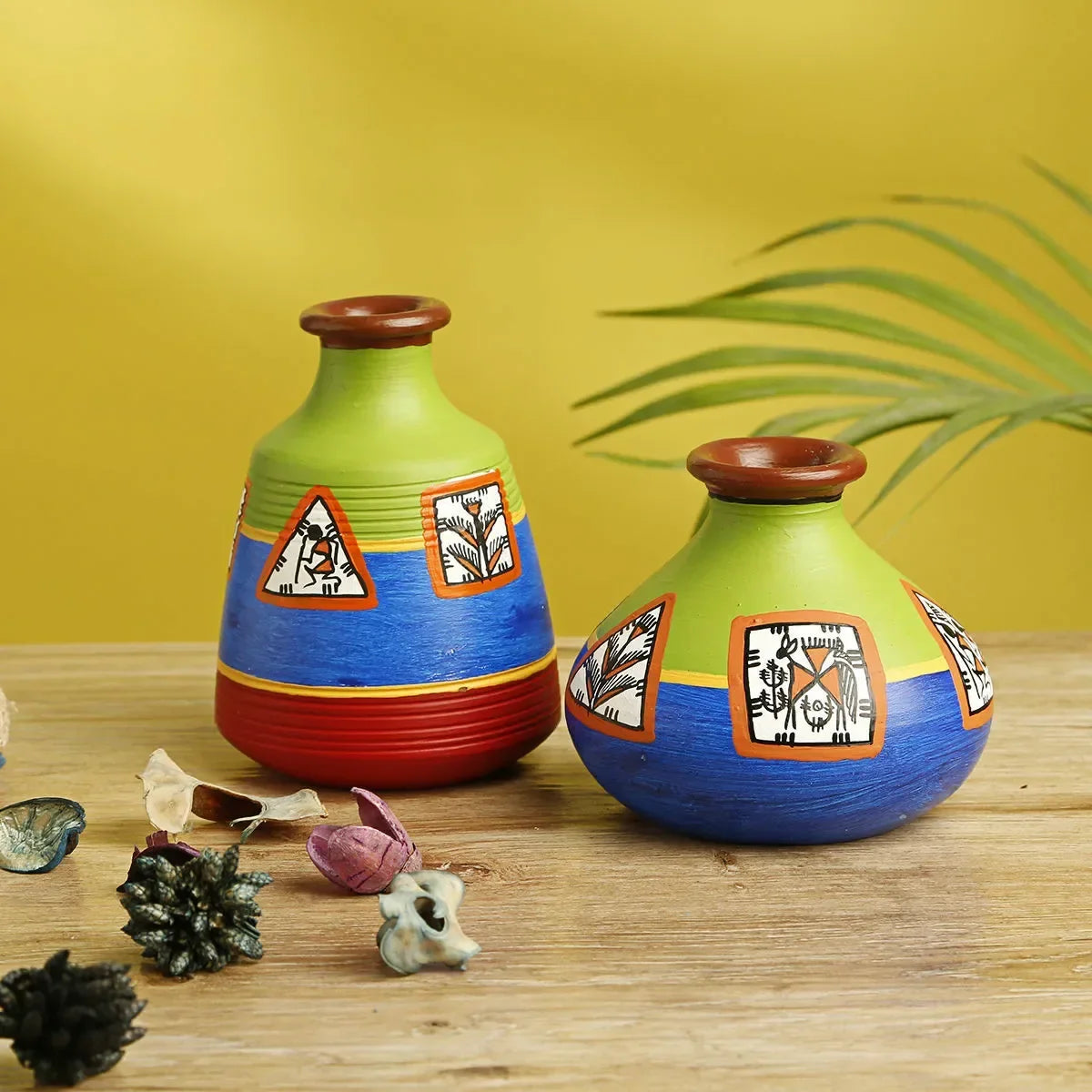 Warli Terracotta Flower Pots In Pastel Blue and Leafy Green (Set Of 2) - ArtyCraftz.com