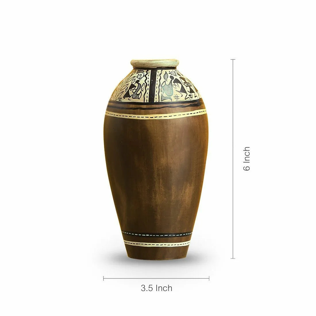Warli Terracotta Tribal Melodies' Round Vase In Mud Brown - 6 Inches - ArtyCraftz.com