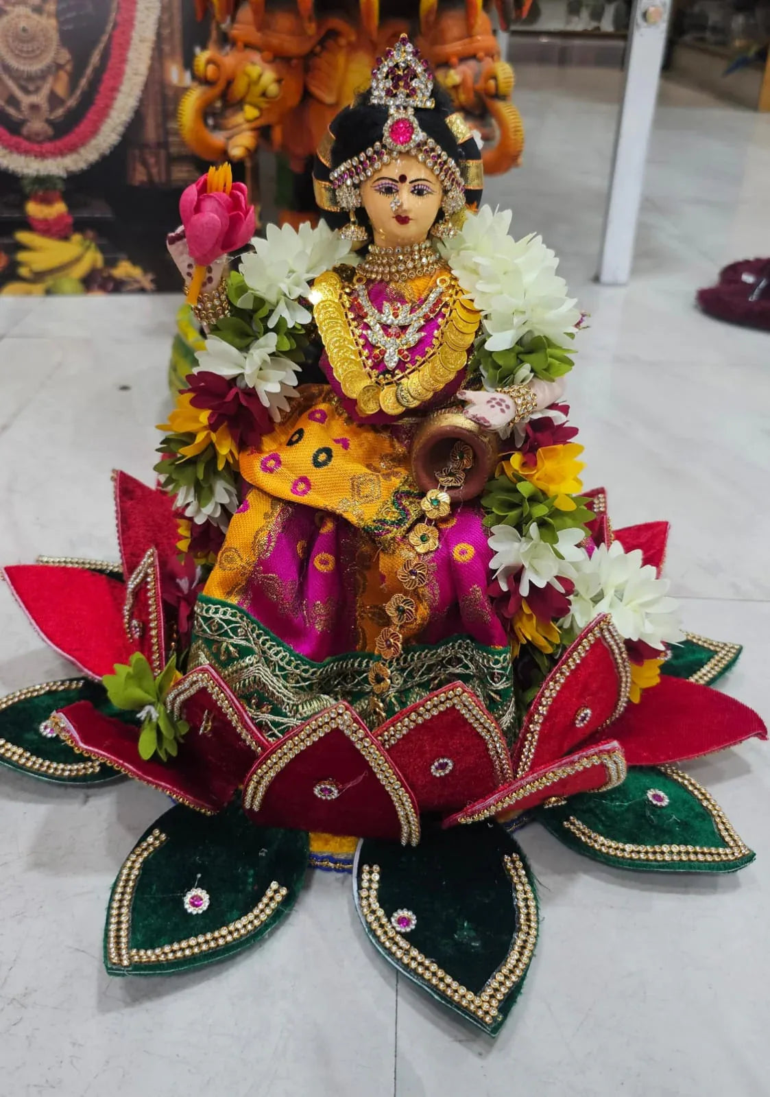 Handmade Mahalakshmi in Fiber and Lotus Fabric – 12 Inches