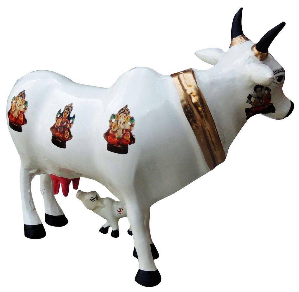 White Aluminium Cow and Calf Statue with Colorful Traditional Decorative Motifs-artycraftz.com