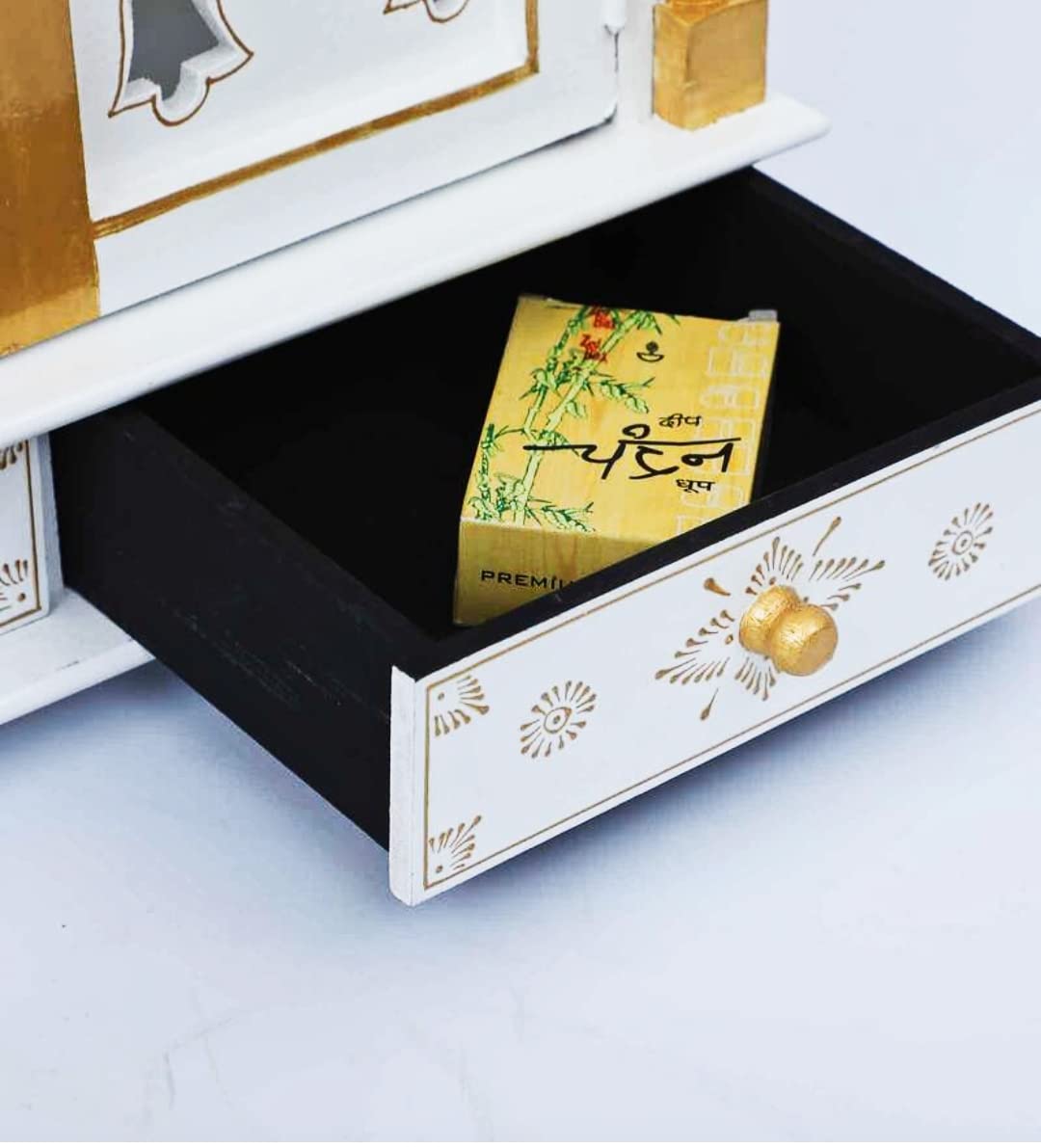 White Mdf & Wood Painted Temple With Net Doors 2 Drawers - ArtyCraftz