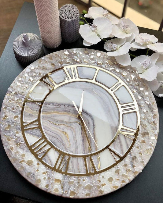 White and Gold with Golden Acrylic Numbers & Hands and Clear Quartz Crystals Wall Clock - ArtyCraftz.com