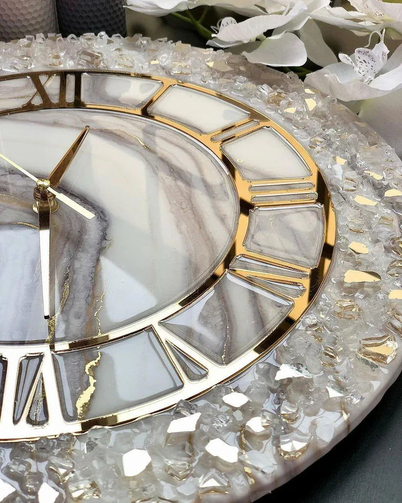 White and Gold with Golden Acrylic Numbers & Hands and Clear Quartz Crystals Wall Clock - ArtyCraftz.com