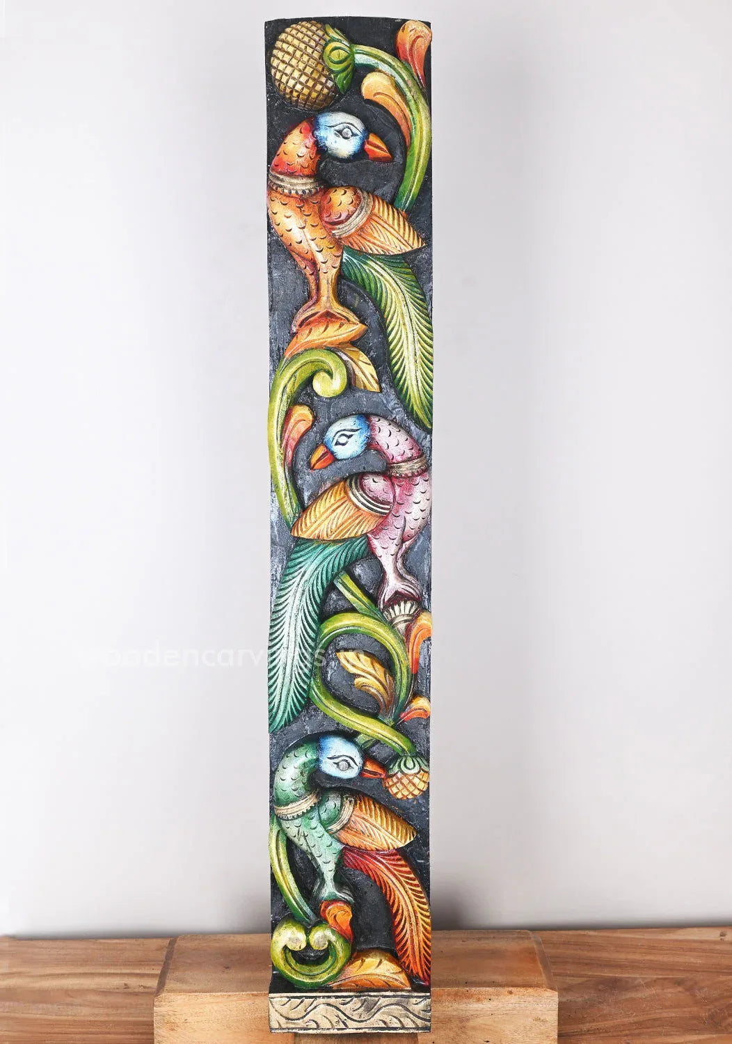 Wood Craved Standing Peacock Relaxed on Tree Multicoloured Wall Panel 37 inches - ArtyCraftz.com