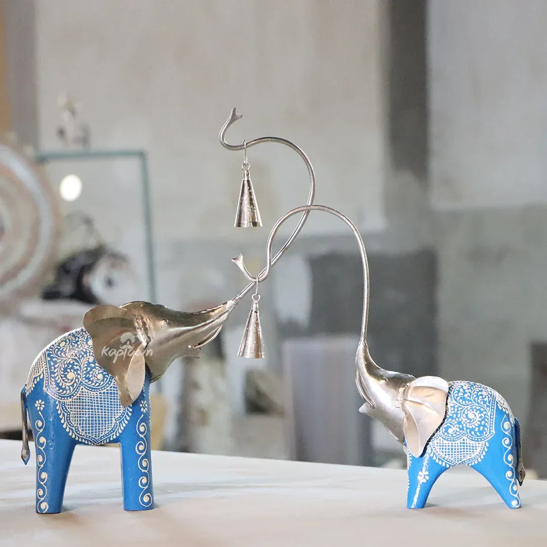 Wood and Metal Elephant With Bell Table Showpiece-ArtyCraftz