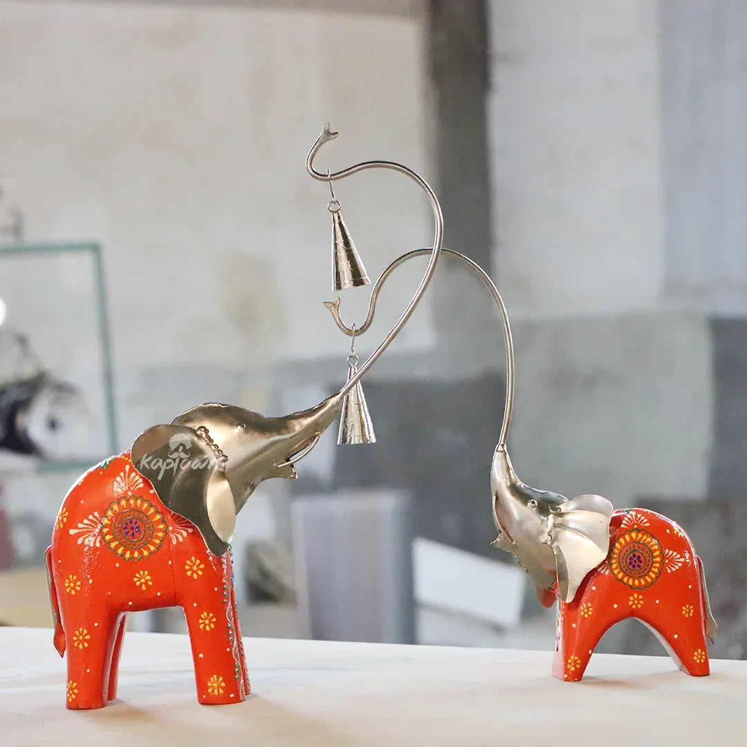 Wood and Metal Elephant With Bell Table Showpiece