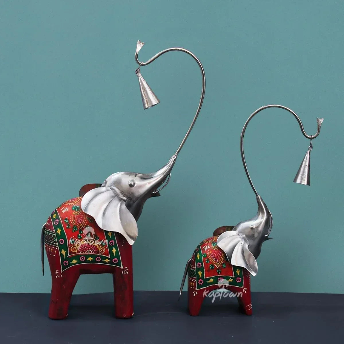 Wood and Metal Elephant With Bell Table Showpiece