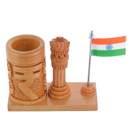 Wooden Ashok Stambh with National Flag Pen Stand Showpiece - ArtyCraftz.com