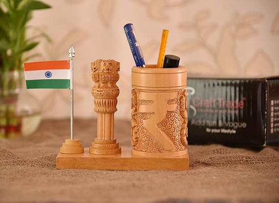 Wooden Ashok Stambh with National Flag Pen Stand Showpiece - ArtyCraftz.com