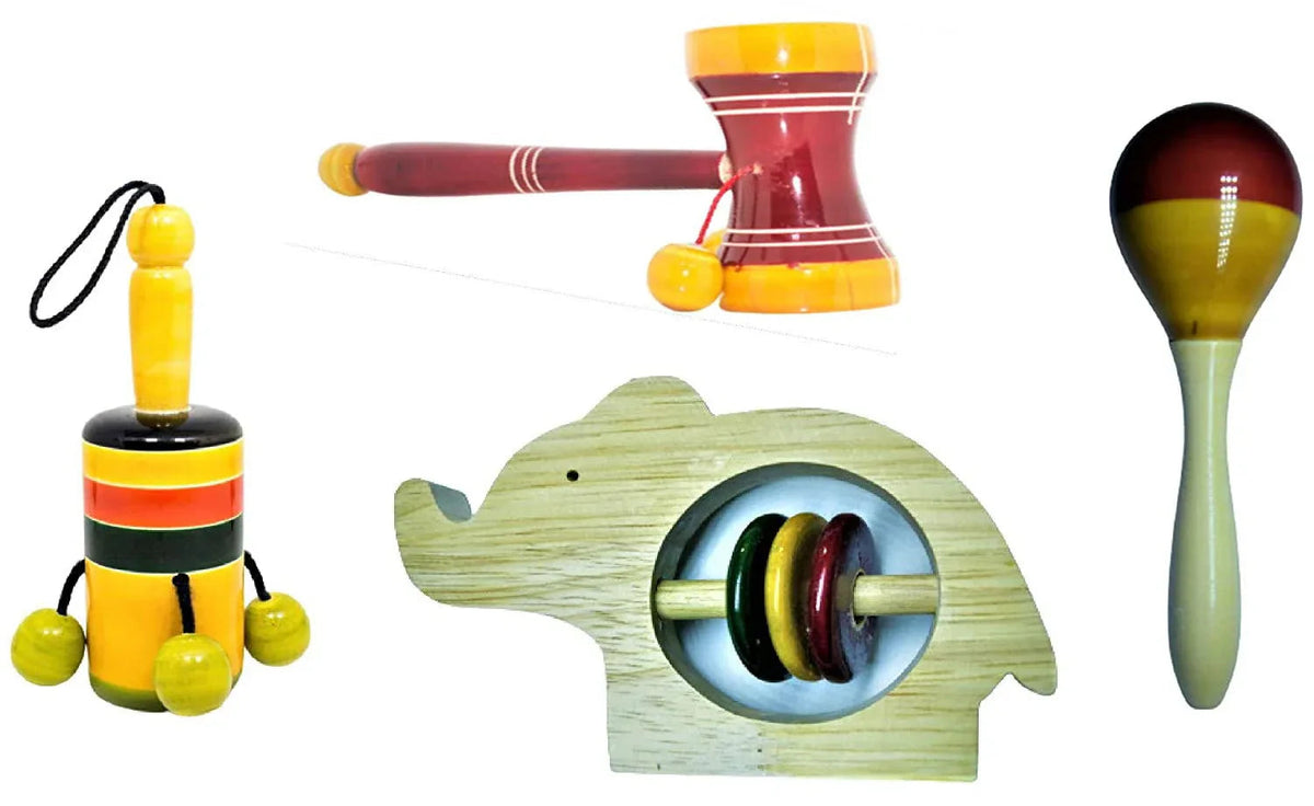 Wooden Baby Rattles Pack of 4 nos - Eco Friendly Channapatna Toys - Infants Music Makers - ArtyCraftz.com