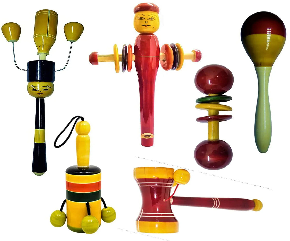 Wooden Baby Rattles Pack of 6 nos - Eco Friendly Channapatna Toys - Infants Music Makers - ArtyCraftz.com