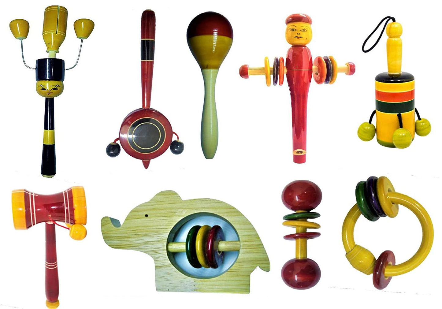 Wooden Baby Rattles Pack of 9 nos - Eco Friendly Channapatna Toys - Infants Music Makers - ArtyCraftz.com