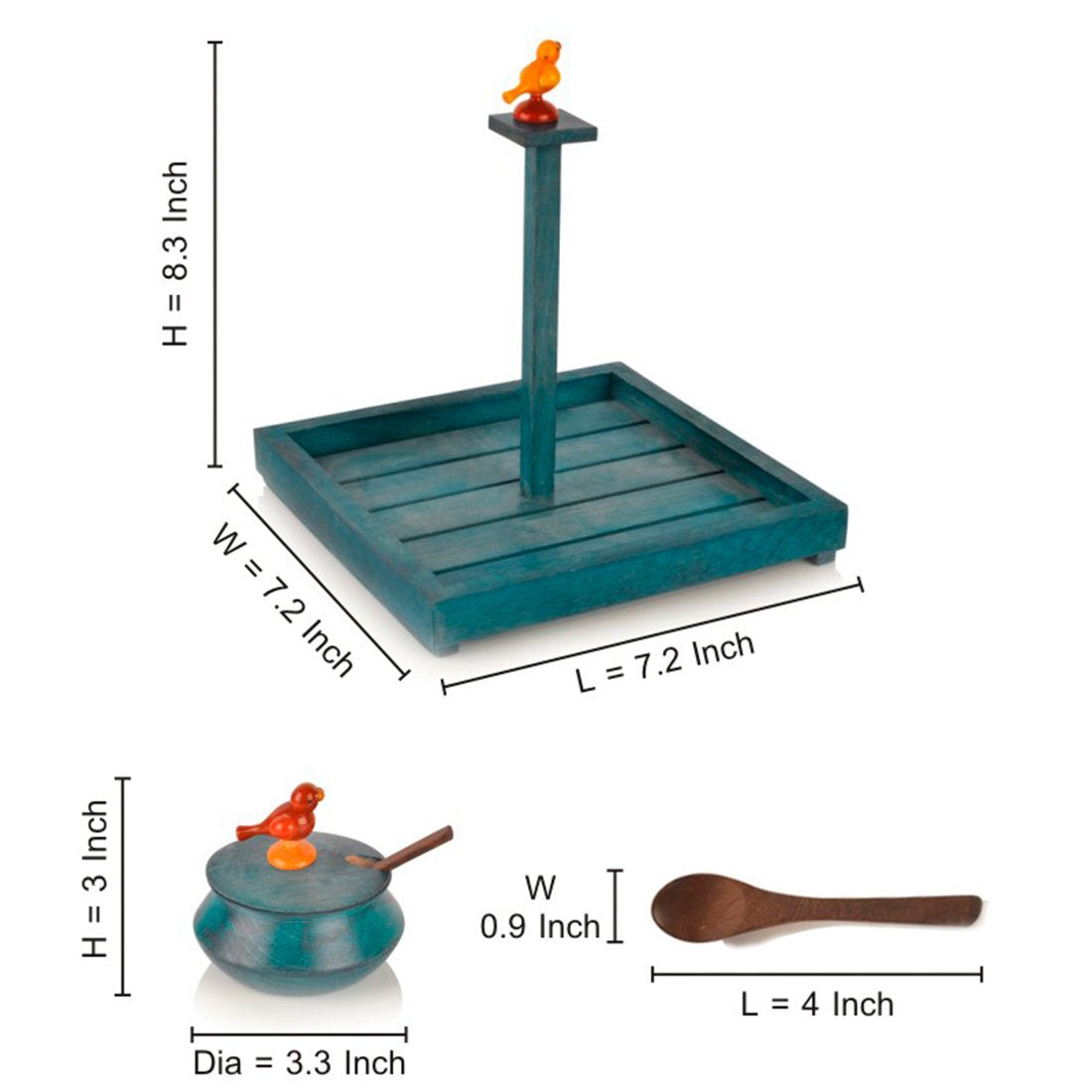 Wooden Bird Blue Spice Box with 4 Containers and Spoons- ArtyCraftz.com