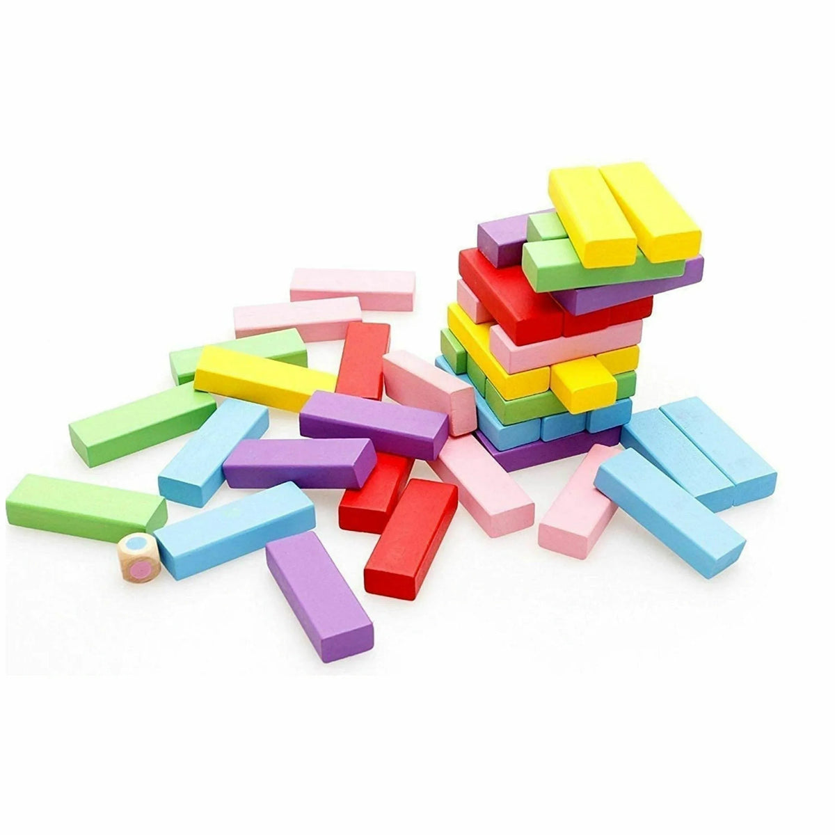 Wooden Blocks 54 Pcs Challenging Tumbling Tower, Toys with Dices Board Educational Puzzle Game