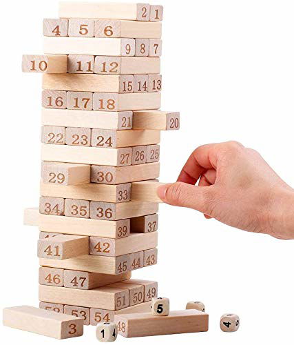 Wooden Blocks for Kids Tumbling Tower 54 Pieces Challenging Set and 4 Psc Dice Stacking and Balancing Games - ArtyCraftz.com