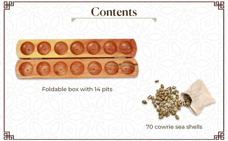 Wooden Pallanguzhi Game Board with Shells Traditional Indian Mancala Game