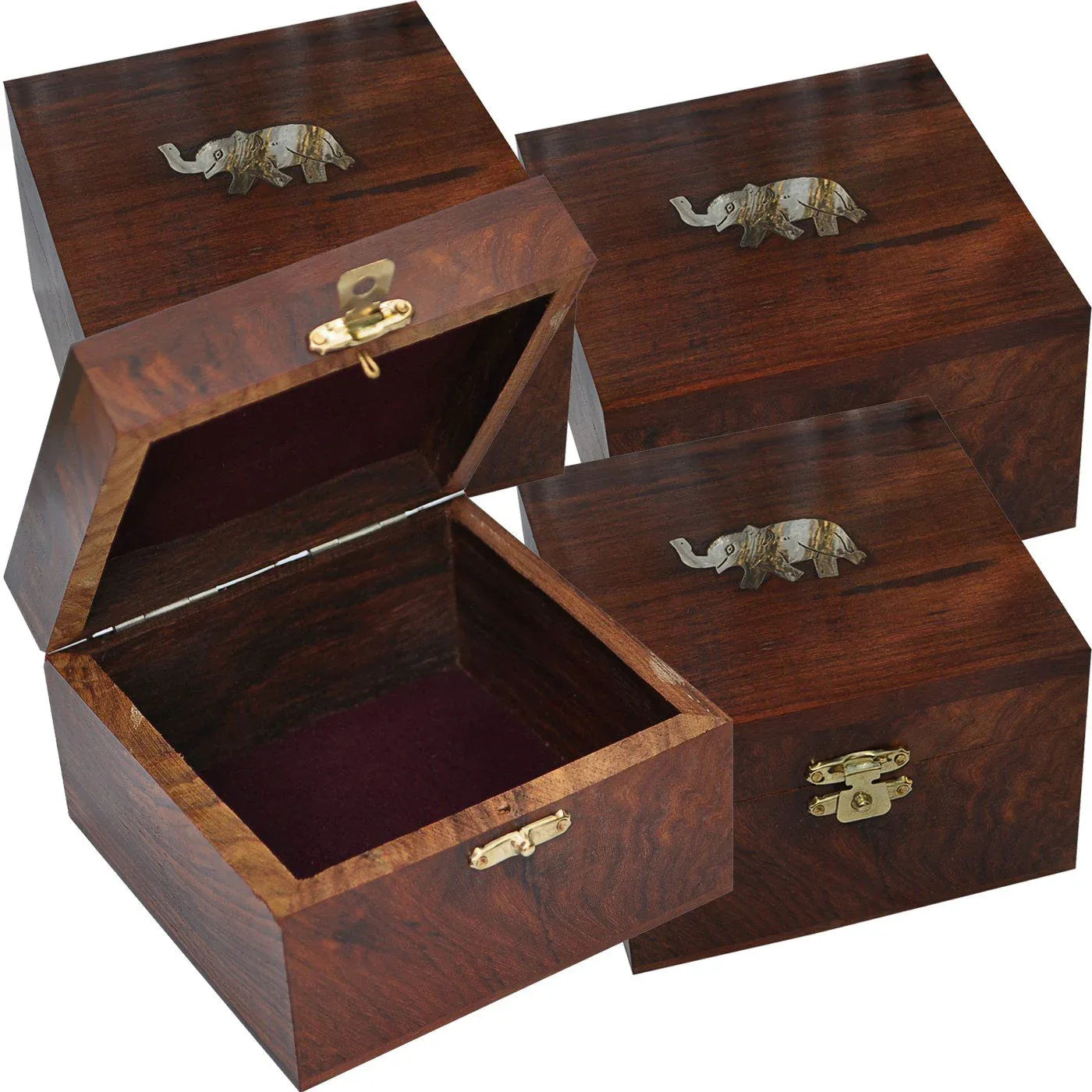 Wooden Brass Inlay Elephant Design Jewelry Box - Set of 4 - ArtyCraftz.com