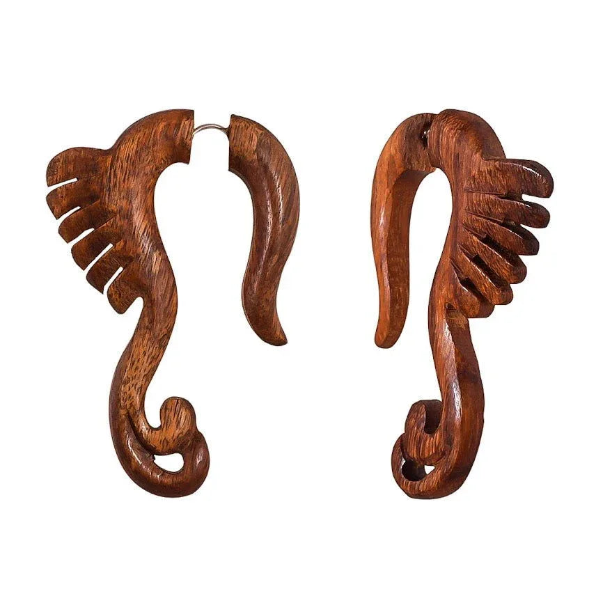 Wooden Carved Elephant Tribal Fake Gauges Earrings 2.8" - ArtyCraftz.com