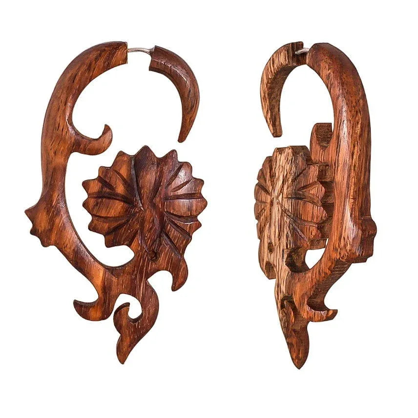 Wooden Carved Leaf Drop Tribal Fake Gauge Earrings 2.75" - ArtyCraftz.com